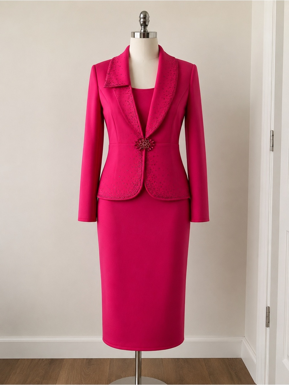 Lily & Taylor 3 Pc Skirt Suit Set Pink Rhinestone Embellished Jacket Top Sz 4 NW